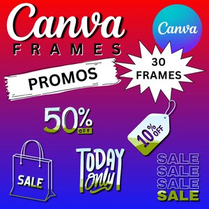 May include: A graphic design sale advertisement featuring Canva frames. The ad includes a blue shopping bag with the word "SALE" on it, a 50% off discount, a 10% off discount tag, and the text "TODAY ONLY".