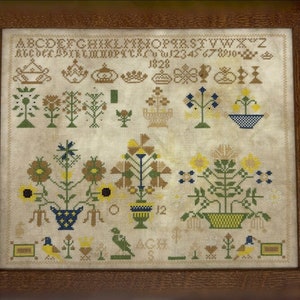 SamBrie Stitches Designs Flowers and Crowns Reproduction Sampler Cross Stitch Chart, Cross Stitch Pattern, Pattern Only