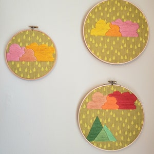 Summer Strength Cloudy Mountain Embroidered Hoop Wall Art Trio