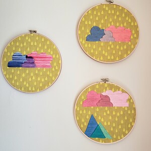 Candy Soft Cloudy Mountain Embroidered Hoop Wall Art Trio