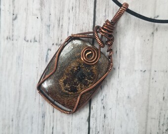 Bronzite in oxidized copper wire wrap pendant | stone necklace, hand wire wrapped with copper wire, crystal jewelry, cabochon, pendant