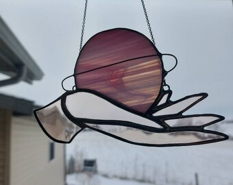 Hand and planet sun catcher | window wall decoration, pink, space decor, astronomy, stained glass handmade