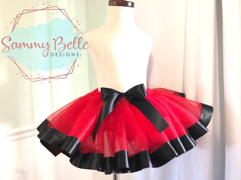 Red and Black ribbon trim girls tutu Red tulle with Black trim and bow!