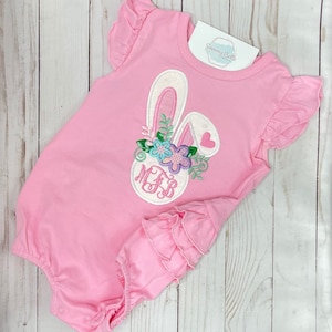 Easter Monogram Ruffle Bum Bubble, girls Easter bunny outfit, Personalized Ruffle Romper, Embroidered bunny outfit, girls bunny monogram