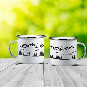 Couples mug - Enamel mug: campfire, bike riding or hiking with dogs. Personalized mug, Anniversary or engagement mug for outdoorsy couple