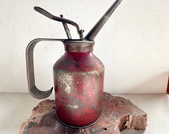 Vintage Red Metal Oil Can Oiler Garage Mechanic Tool 5 Inch Spout Lubricant Man Cave Decor Collectible