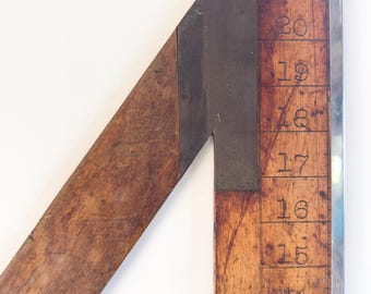 Antique Wood & Brass Glass Cutting Ruler: Architectural Wall Decor