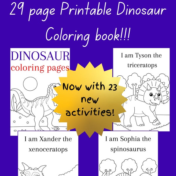Dinosaur kids coloring book, toddler downloadable dinosaur workbook, preschool dinosaur worksheets, kindergarten printable dinosaur sheets