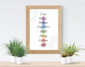 Chakra Energy Affirmation Printable, Chakra Meditation Poster, 7 Chakras Art Print, Instant Download