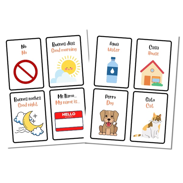 Beginner English-to-Spanish Flashcard Set - Includes 12 Introductory Items and Phrases! *INSTANT DIGITAL DOWNLOAD*