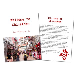 Könnte beinhalten: Ein Foto einer engen Straße in Chinatown, San Francisco, Kalifornien. Die Straße ist gesäumt von bunten Gebäuden und Geschäften. Rote Laternen hängen an den Gebäuden. Der Text "Willkommen in Chinatown" und "San Francisco, CA" befindet sich oben im Bild. Der Text "Geschichte von Chinatown" befindet sich oben rechts im Bild. Der Text "Wussten Sie, dass es in den Vereinigten Staaten seit über 170 Jahren Chinatowns gibt? Das erste Chinatown wurde Mitte des 19. Jahrhunderts in San Francisco, Kalifornien, erbaut. San Franciscos Chinatown ist das älteste seiner Art in den Vereinigten Staaten und das größte außerhalb Asiens! Chinatowns dienten als erster Anlaufpunkt für viele frühe chinesische Einwanderer." befindet sich unter dem Titel rechts.
