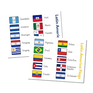 Pode incluir: Um conjunto de bandeiras coloridas que representam os países da América Latina. As bandeiras estão dispostas em duas colunas, com os nomes dos países impressos abaixo de cada bandeira. As bandeiras estão sobre um fundo branco.