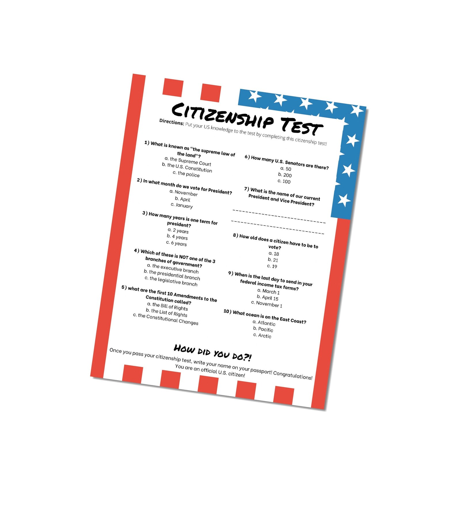 United States Citizenship Test for Kids Test Their Etsy