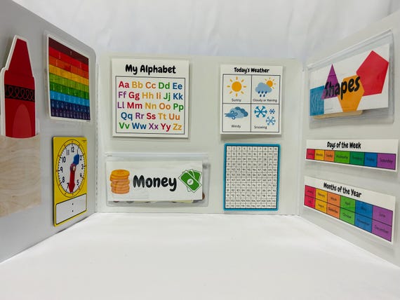 Early Education Learning Board: Interactive Mini Tri-fold - Covers Colors, Time, Money, Shapes, the Alphabet, and much more!