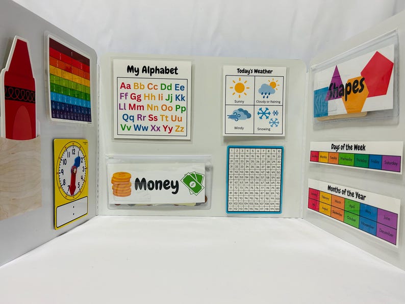 K&ouml;nnte beinhalten: Eine wei&szlig;e Tafel mit bunten Taschen und Beschriftungen. Die Taschen enthalten verschiedene Lernmaterialien, darunter ein Alphabet-Diagramm, ein Wetterdiagramm, ein Hundert-Diagramm, eine Uhr, ein Geld-Diagramm, ein Formen-Diagramm, ein Wochentage-Diagramm und ein Monats-Diagramm.
