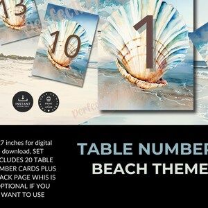 May include: Beach-themed table number cards featuring watercolor illustrations of seashells on a sandy beach. Each card displays a different number, from 1 to 20, in a brown font. The cards are 5x7 inches in size.