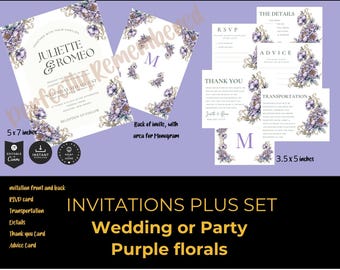 Purple Floral Wedding Invitation Template: Editable DIY Set (Digital Download)