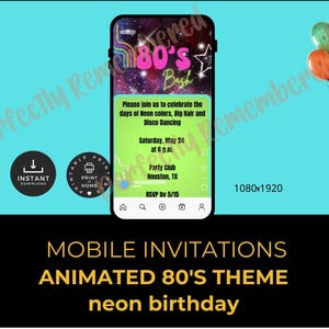 Neon 80&#39;s Party Invitation: Animated Mobile Template (Digital Download)