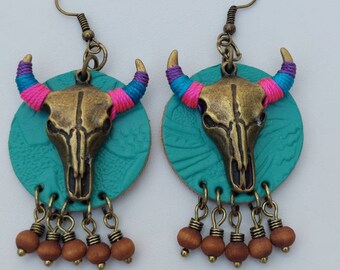 Dangle earrings with 12mm deer skull with flowers snap charms . snap jewelry . buck floral antlers .