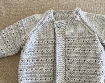 New hand knitted baby matinee cardigan for new baby 0-3 months in pale grey wool mix