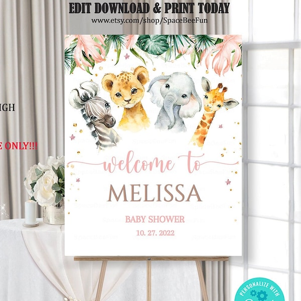 EDITABLE Safari Baby shower Welcome sign Girl, Young Wild baby shower Invite Jungle Animals sign   Printable template Instant Download 077