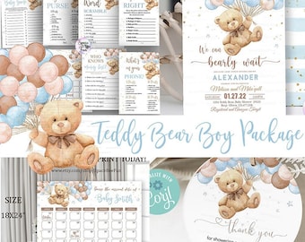 Editable Teddy Bear Baby Shower Invitation We Can Bearly Wait Boy, Package Games hot air balloon Bear Theme Baby Shower invite Set downlo B1