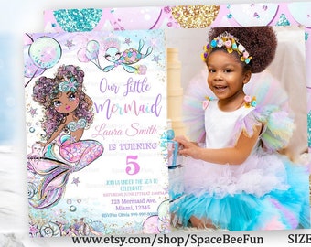 Editable Black Mermaid Birthday Invitation With Photo Afro Girl Mermaid Party invite, Pool invite, Magical party Mermaid downloa D111