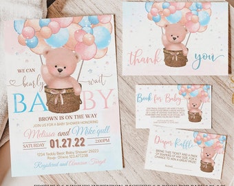 Editable Teddy Bear Baby Shower We Can Bearly Wait SET Package Hot Air Balloon gender, Bear Theme Baby Shower invite template digital BB3