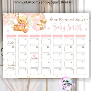 Editable Teddy Bear Baby shower Due Date calendar game Girl Guess Baby's Birthday Baby Prediction Digital Template instant download B1 image 1