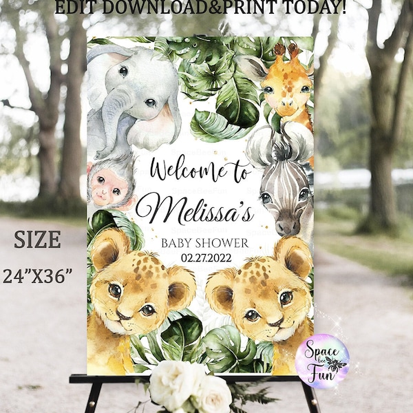 EDITABLE Safari Baby Shower Welcome Sign Wild Jungle Leopard baby shower animal Sage Green Twin boys Printable template Instant Downlo 077