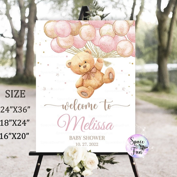 Editable Teddy Bear Baby Shower Welcome sign Decorations centerpiece Boho Baby Girl Teddy Bear Balloons Baby Shower Instant Download B1