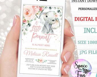 Editable Evite Baby Shower Girl Elephant Safari Baby Shower Invitation Safari Jungle Blush Pink Floral Electronic Text Message template 077