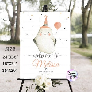 Editable Halloween Baby Shower Welcome sign Decorations centerpiece Boho A Little Boo Balloons Baby Shower Instant Download B3 画像 1