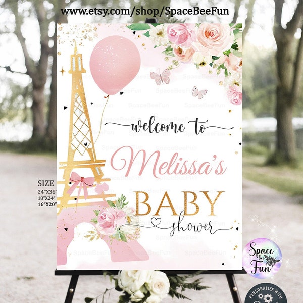 Paris Baby Shower Welcome sign Bonjour Bebe Baby Shower Editable Paris Baby Shower Theme Pink and Gold Paris Invitation Instant Download P1