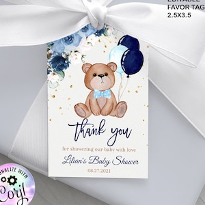 Editable Teddy Bear Baby Shower Boy Favors Gift tags Favor tag Bear Baby Shower Thank you tags Bear Balloons template printable download image 1