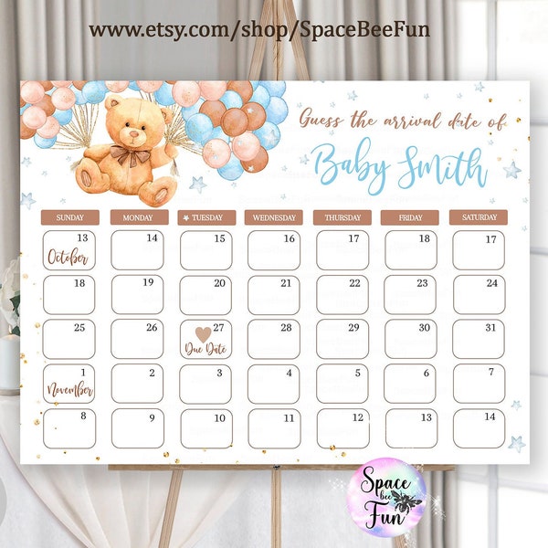 Modifiable Teddy Bear Baby shower Due Date calendrier jeu Boy Guess Baby’s Birthday Baby Prediction Digital Template téléchargement instantané B1