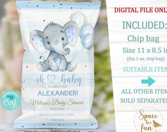 EDITABLE Chips Bag Label, Elephant Boy Blue Baby shower Safari Jungle animal Boy Chips Bag Labels, Templates Digital download