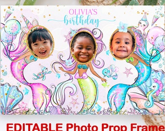 EDITABLE Photo booth frame Birthday Mermaid Photo Prop, Fatm photo booth frame, Birthday decoration, Mermaid sign