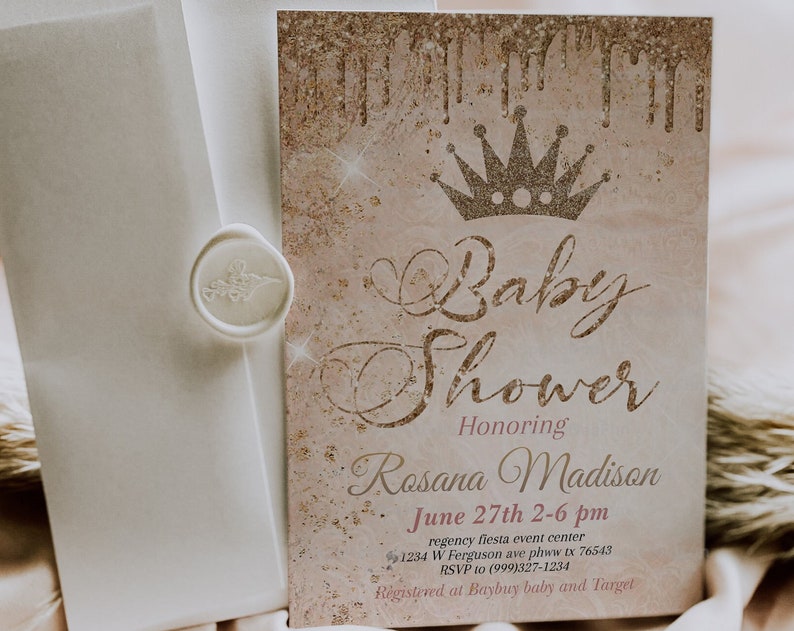 Editable Princess Baby Shower Invitation Pink and Gold Little Princess Invitations Vintage Invites Retro Gold Girl Invite
