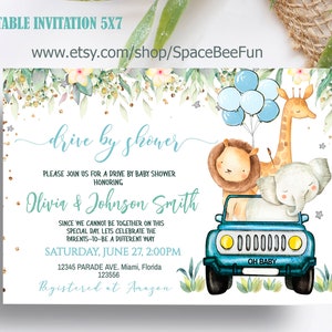 EDITABLE Drive By Baby Shower Safari animals Lion Elephant Drive Through invite Jungle Gender natural Baby Shower Social Distancing image 1