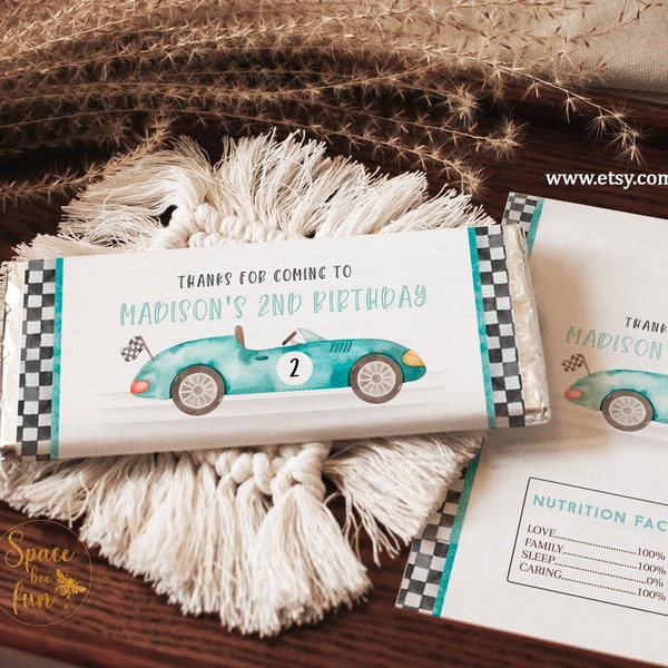 Editable Two fast Birthday Chocolate Bar Wrapper Candy Bar Wrapper Party Racing car Digital template instant download FJ