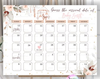 Editable Calendar Baby Due Date  Boho Rainbow Guess Baby's Birthday Due Date Game Baby Prediction Template instant download 01