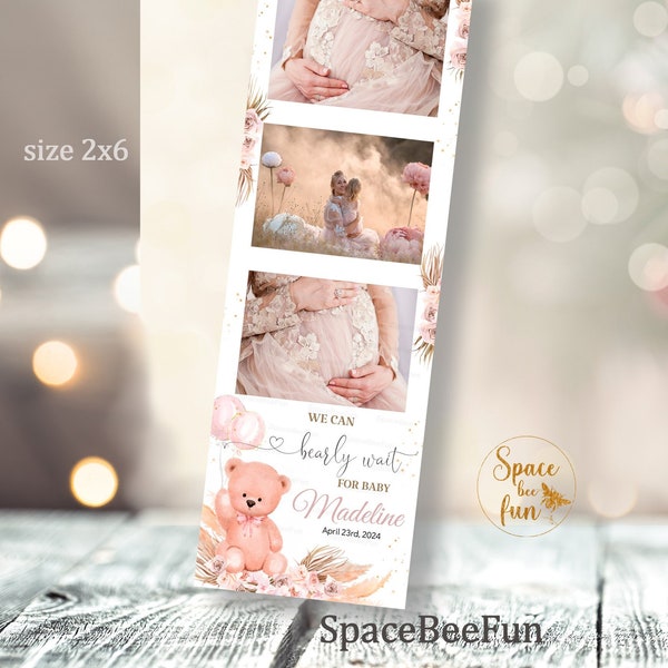 Teddy bear Baby Shower Girl Photobooth Template Boho pampas Grass Photo Booth Template 2x6 photo strip decorations Photo Prop sign Editab B1