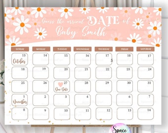 Editable Daisy Baby shower Due Date calendar game Boho Retro Daisy Guess Baby's Birthday Baby Prediction Digital Template inst download DS1