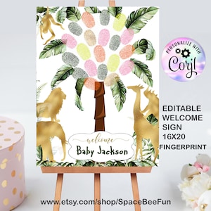 Editable Safari Animals Baby Shower Fingerprint Guestbook Thumbprint Jungle Guest Book Tree Jungle Wild One Gold invite Template Printable image 1