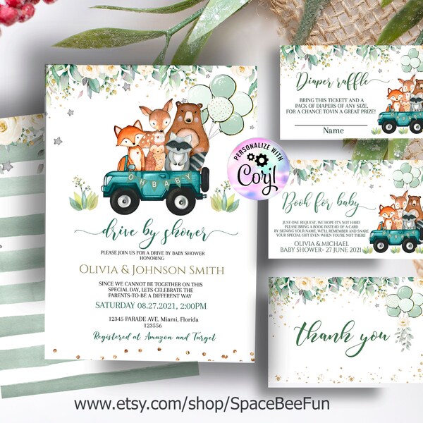 Editable Drive by shower Woodland animals Set Invite baby shower, Gold and Greenery  Drive by Parade, Forest bear invite Instant Download