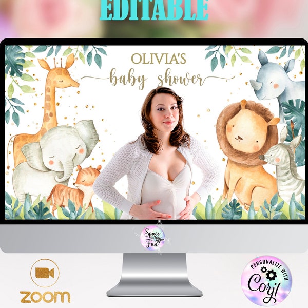 Zoom Background Baby shower Safari Virtual baby shower Decorations Zoom Baby Shower powerpoinnt, Safari Social Distance Theme Animals Safari