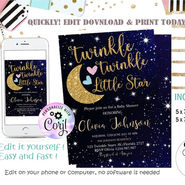 EDITABLE Twinkle Twinkle Little Star Baby Shower Invitation, Gender reveal invite little star, Instant Download Template Digital Little Star
