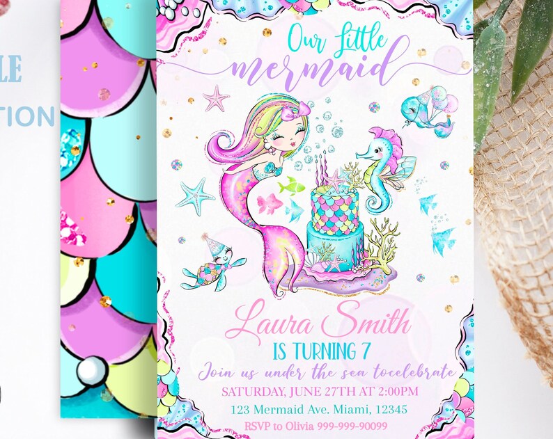 Editable Mermaid Birthday Invitation Unicorn Party Mermaid invite Girl Pink Purple Gold Unicorn party Magical Unicorn Instant