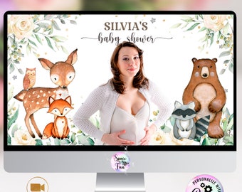 ZOOM Background Baby Shower, EDITABLE Woodland animals Virtual Baby Shower, Social Distancing, Theme Forest Woodland animals Instant Digitaa